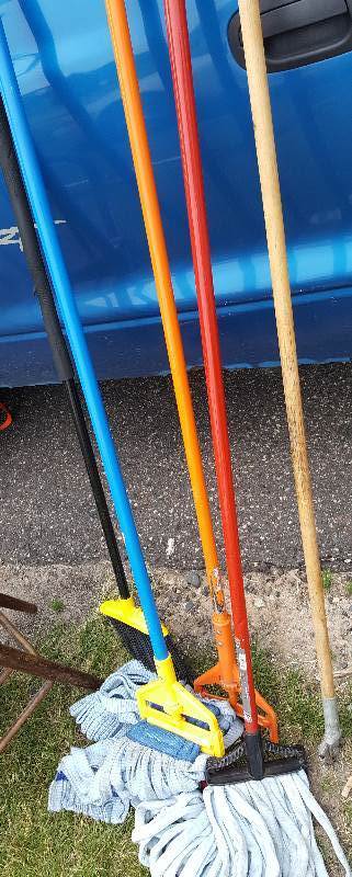 Lot of 3 mops, one broom & dust mop handle