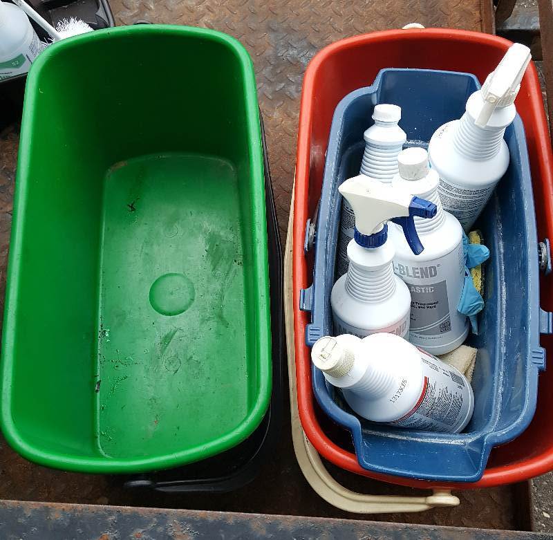 Lot of three buckets and misc. used cleaning supplies