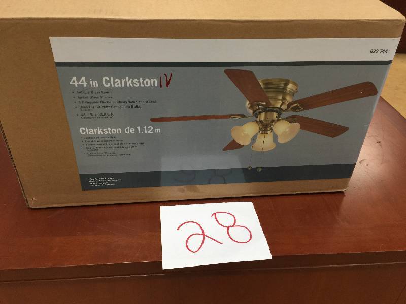lot 28 image: Clarkston 44 in. Antique Brass Ceiling Fan Model # CF544H-PEH New