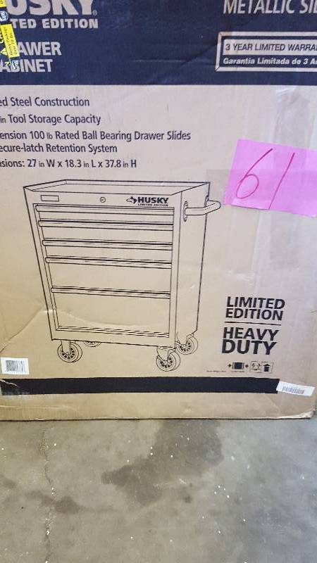 lot 61 image: Husky 27 in 5 Drawer Tool Box Metallic Silver New
