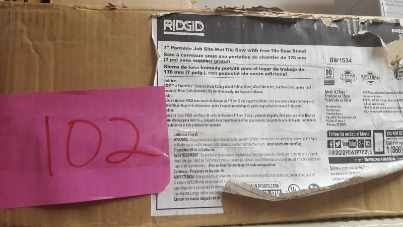 lot 102 image: Ridgid 7 Portable Job Site Wet Tile Saw  with Tile Saw Stand NEW