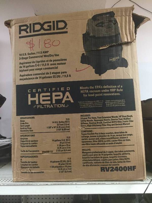lot 115 image: Ridgid 14 Gal. HEPA WetDry Vacuum  RV2400HF NEW
