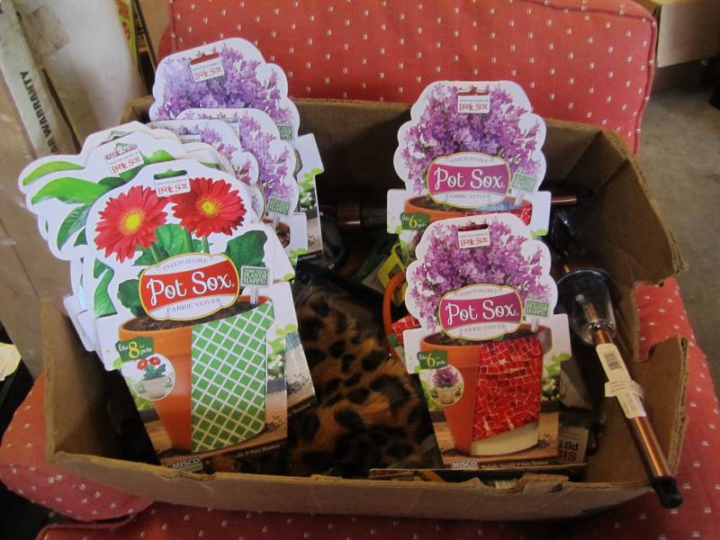 lot 208 image: Bannana box of gardening supplies a...