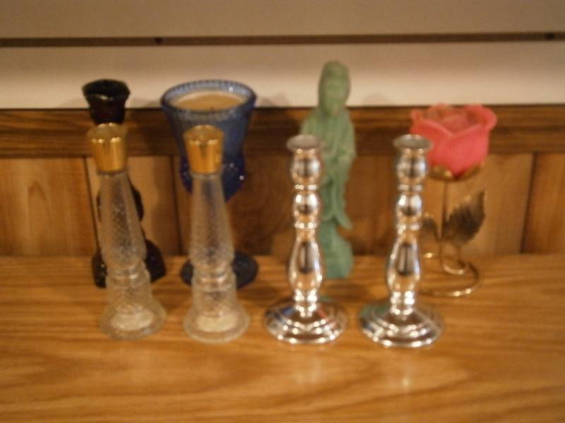 lot 13 image: (8) Avon Candle Holders (1) Avon Oriental Figurine