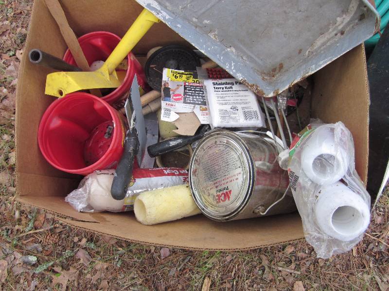 Garden Hose, Enamel Sink, and Painting Supplies