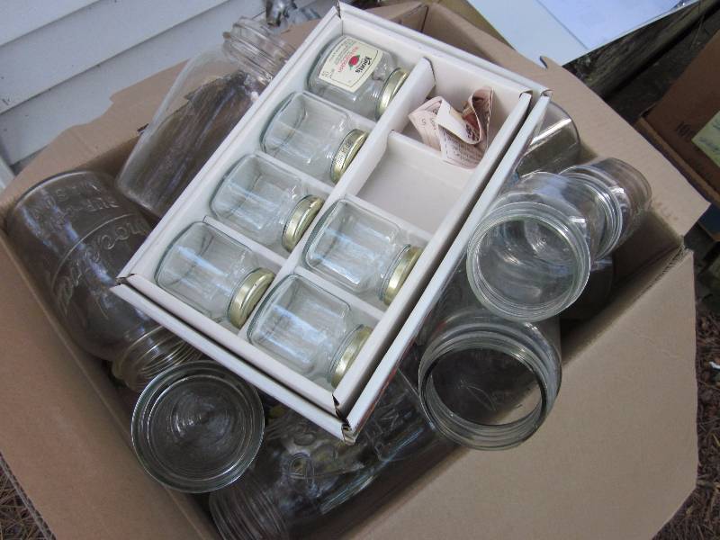 Box and Bin of Misc Canning Jars