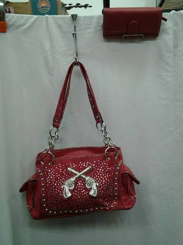 Halo Handbags Red Studded Pistols Purse With Red Wallet