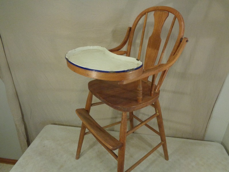 Old Wood Highchair with Enamelware Tray