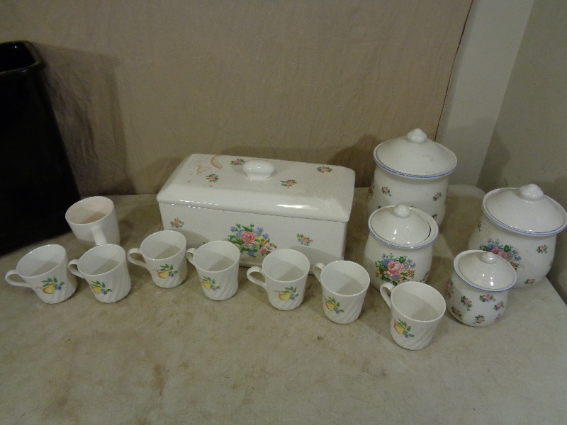 Canister and Bread Box Set, Corelle Cups, Etc