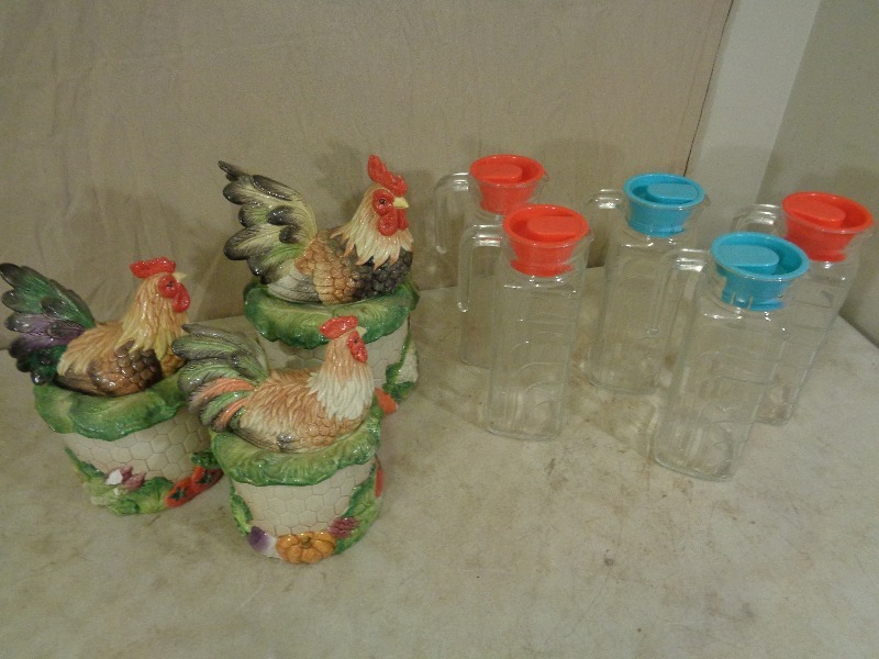 Rooster Canister Set and 5 Glass PItchers