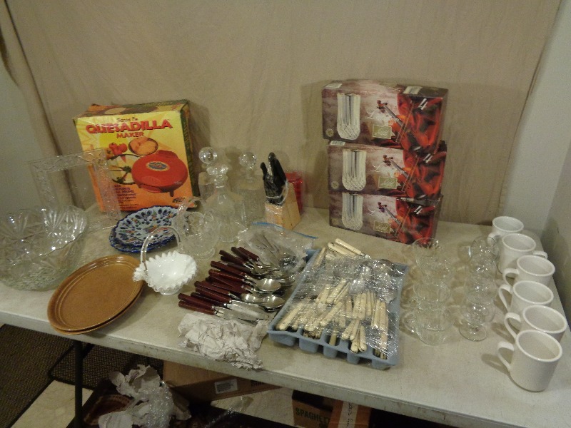 Knives, Silverware, Longchamp Gold 24% Lead Crystal Glasses (12),  and More