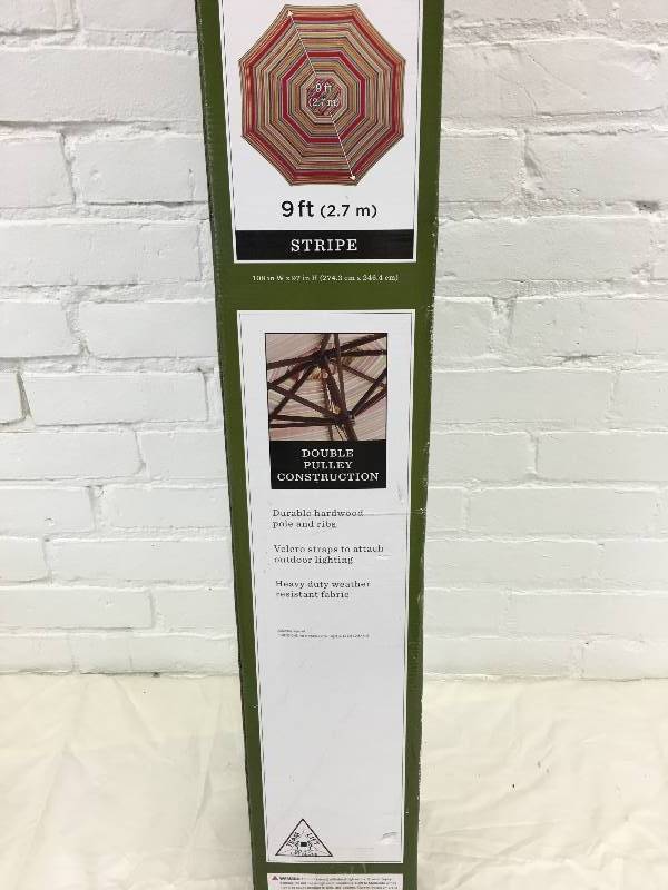 lot 54 image: 9-Foot Round Hardwood Patio Umbrella in Stripe