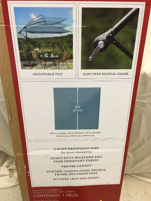 lot 72 image: 8 Foot Square Cantilever Umbrella Vented Tilting Canopy Great For A Balcony - Deck - Patio Or Indoor Outdoor Pool  retail $179