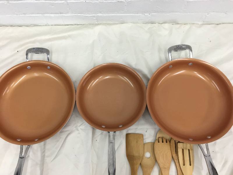 lot 128 image: 3 red copper pans and utensils