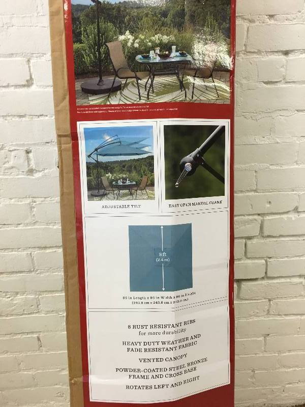 lot 151 image: 8 Foot Square Cantilever Umbrella Vented Tilting Canopy Great For A Balcony - Deck - Patio Or Indoor Outdoor Pool  retail $179