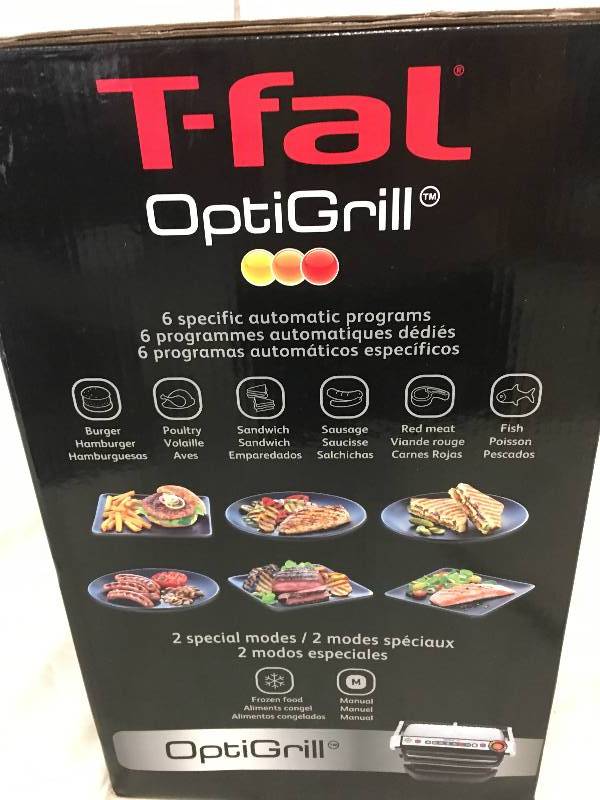 lot 165 image: T-fal GC702 OptiGrill Stainless Steel Indoor Electric Grill with Removable and Dishwasher Safe plates,1800-watt, Silver