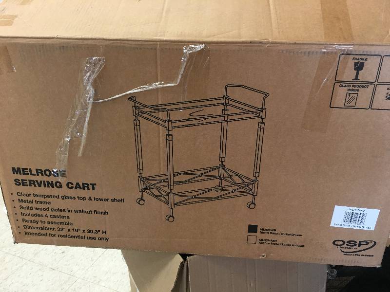 lot 270 image: Melrose Serving Cart with Clear Tempered Glass and Nickel Brush Frame, Solid wood with Walnut Finish.
