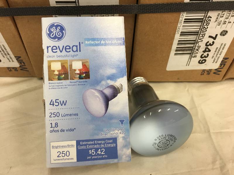 lot 322 image: five GE 6 pack of 45 Watt R20 Reveal Flood Light Bulbs retail $7 per bulb