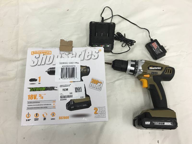 lot 348 image: Rockwell SS2800 18-Volt Shop Series Lithium Drill with 1 Battery