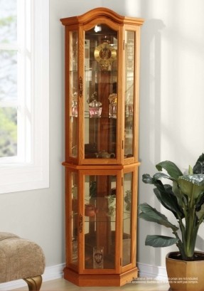 lot 10 image: Oak-Finished Mirrored Lighted Curio Cabinet