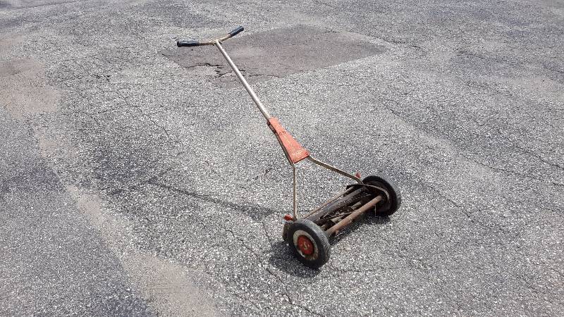 lot 24R image: Scotts Antique push mower and lawn tiller