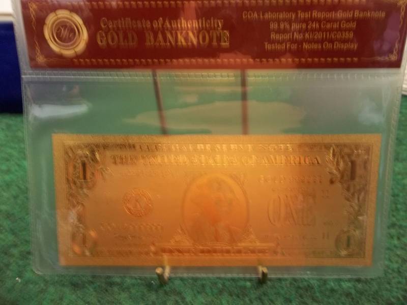 $1 24K Gold Plated Certificate With COA ( No Guarantee Of Quality Or Quantity)