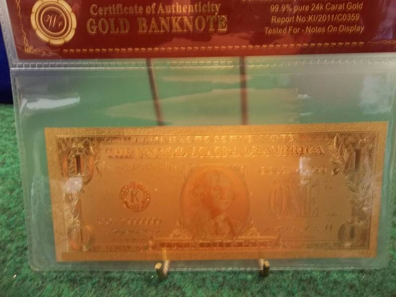 $1 24K Gold Plated Certificate With COA ( No Guarantee Of Quality Or Quantity)