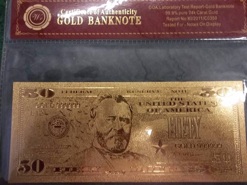 $ 50 24K Gold Plated Certificate With COA ( No Guarantee Of Quality Or Quantity)