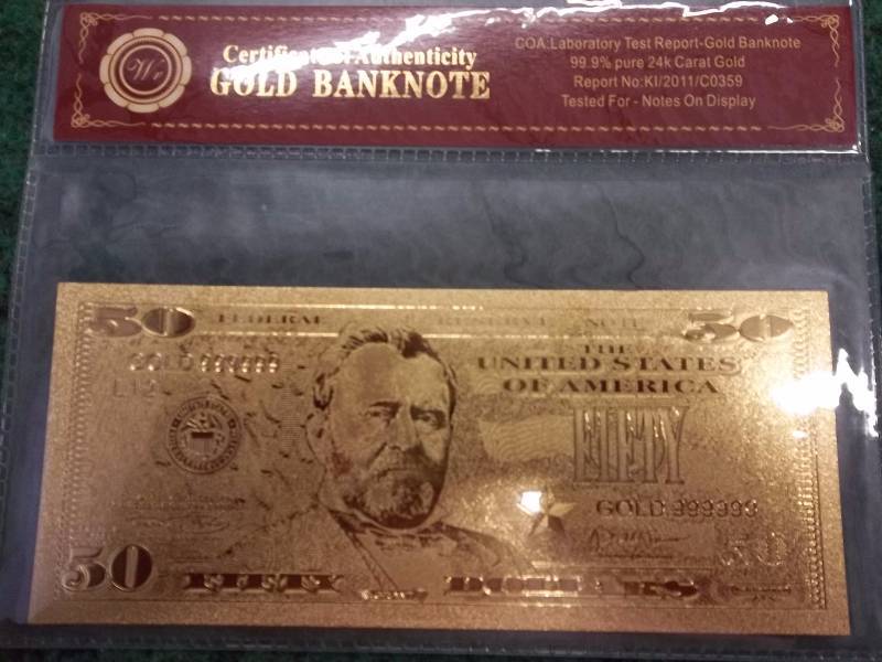 $ 50 24K Gold Plated Certificate With COA ( No Guarantee Of Quality Or Quantity)