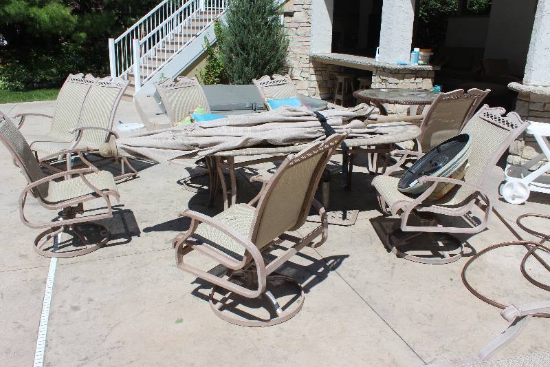 lot 9 image: Lot of (9) Mallin Patio Furniture Including 7) Chairs AND 2) Tables