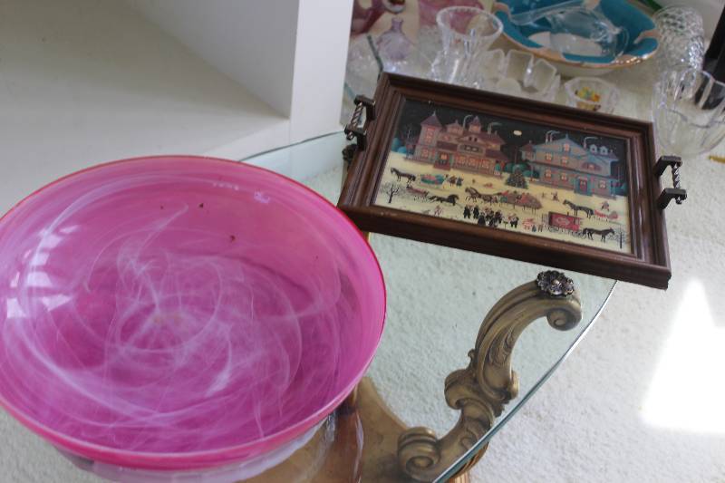 lot 57 image: Contents of Glass Top Coffee Table Including Decorations