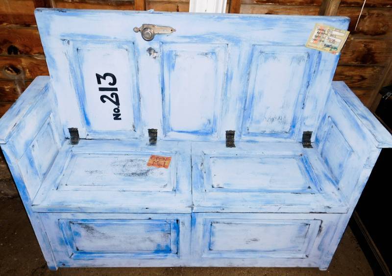 lot 2 image: Cool Blue and White Bench Made from repurposed Doors