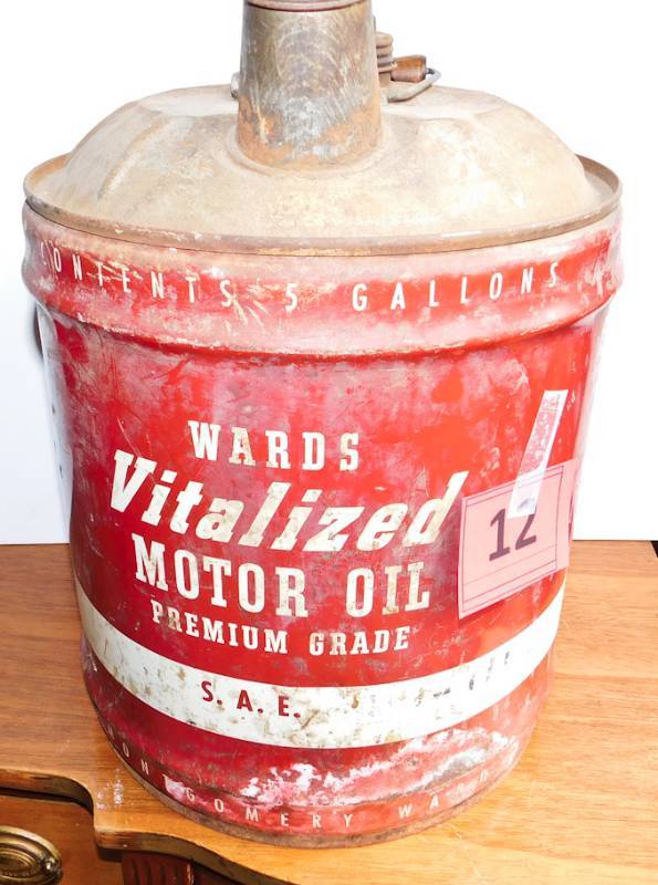 lot 12 image: Vintage Red Wards Vitalized 5 Gallon Oil Can