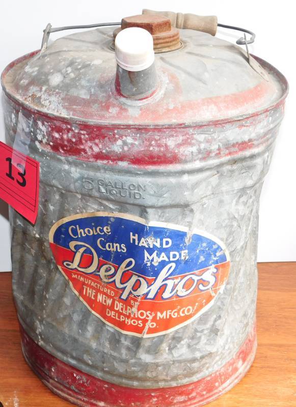 lot 13 image: Vintage Delphos hand Made 5 gallon liquid can