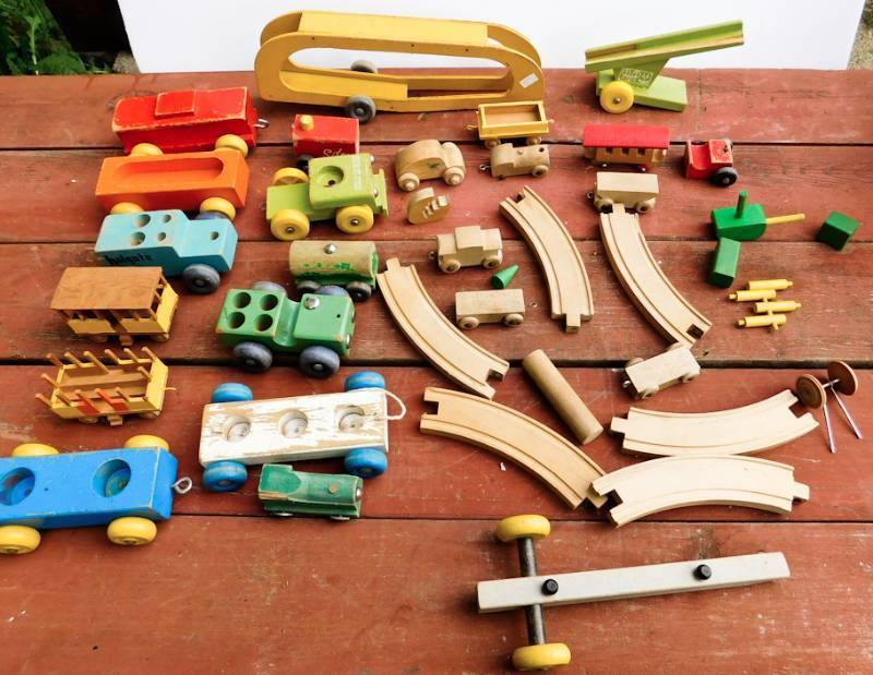 lot 47 image: several vintage wooden toy cars, tracks and more