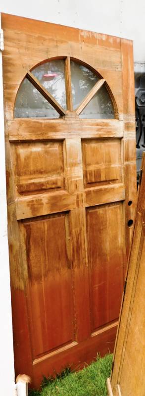 lot 61 image: large wooden heavy solid door with sunrise sindow