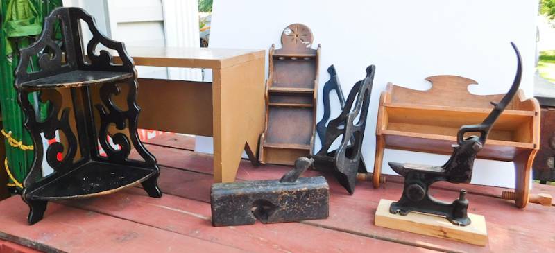 lot 71 image: Vintage stool, wooden hand plane and wall shelf dcor