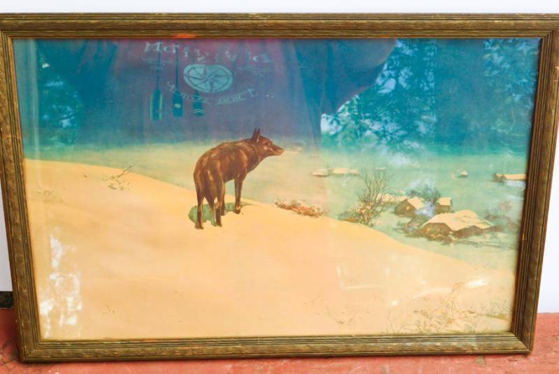 lot 85 image: 1800s Lithograph antique Winter print of wolf looking down over a town