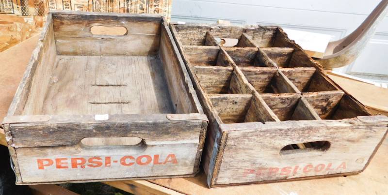 lot 93 image: 2 old pepsi wooden crates one with slats for individual bottles