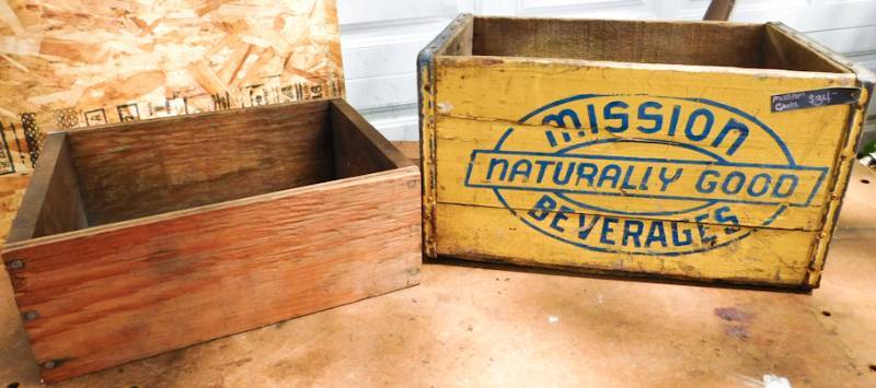 lot 100 image: Deep wooden Mission Beverages crate and blank wooden crate