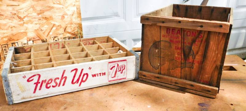 lot 101 image: Vintage white 7UP slotted wooden crate and Cape Cod Cranberry crate