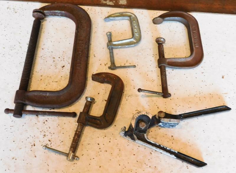 lot 64 image: lot of large C clamps and 1 pipe bender