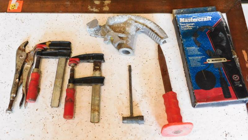 lot 68 image: clamps vise grip, band clamp and pipe bender