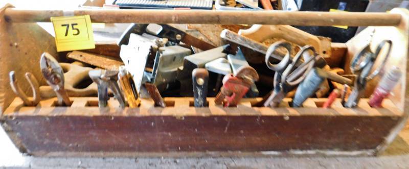 lot 75 image: Vintage primitave tool box and contents please see all the photos
