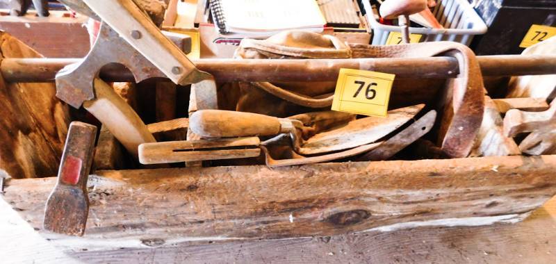 lot 76 image: Vintage primitave tool box and contents please see all the photos