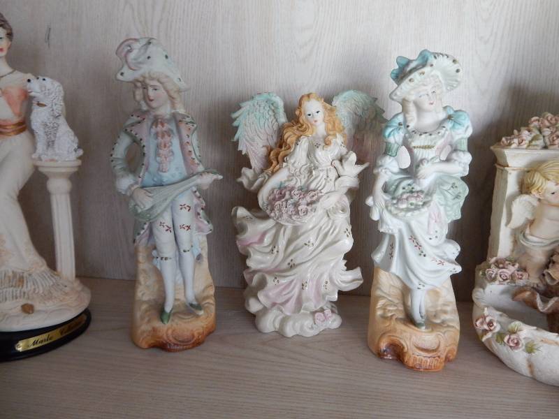 Misc. Porcelain and Glass statuettes as pictured. .The one angel appears to be a tree topper.   Bring your own packaging