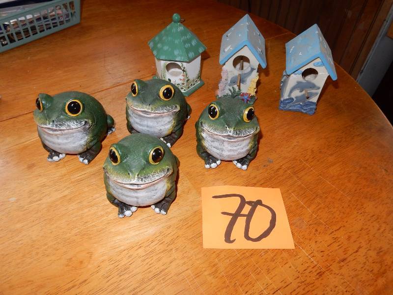Porcelain Frogs and Bird Houses.. Both approx 4in h  Bring your own packaging