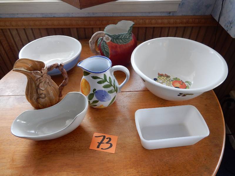Misc. Glassware as pictured.. Includes Milk Glass, Bread pan  Bowls small pitchers.