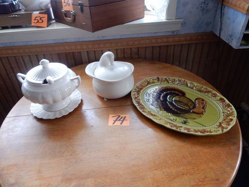 Nice Soup Tureen with glass ladel smaller tureen with no ladel  Glass decorative Turkey Platter.. Approx 20 in l x 15in w