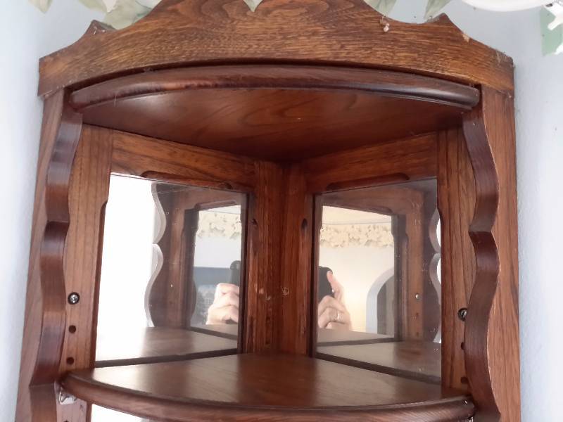 Solid Oak Corner display unit with mirrored background